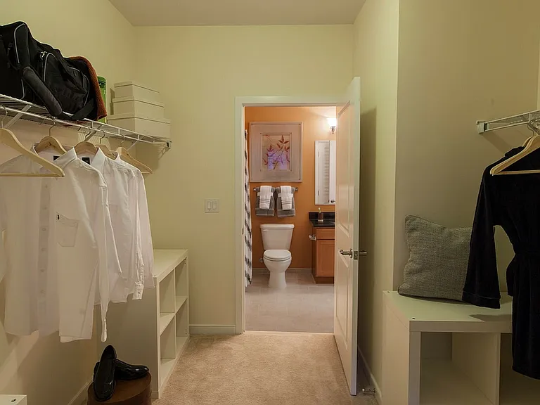 Spacious Walk-In Closet Leading to a Modern Ensuite Bathroom.