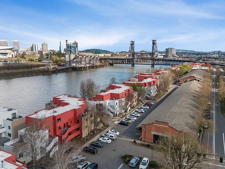 Arial view of the beautiful community, parking structure -Mc Cormick Building and stunning Williamette River