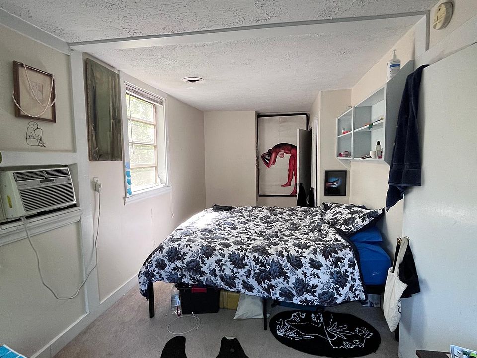 Bedroom / work area. The long bedroom can be used as both a bedroom and work area. The bedroom also has two closets and built in shelving