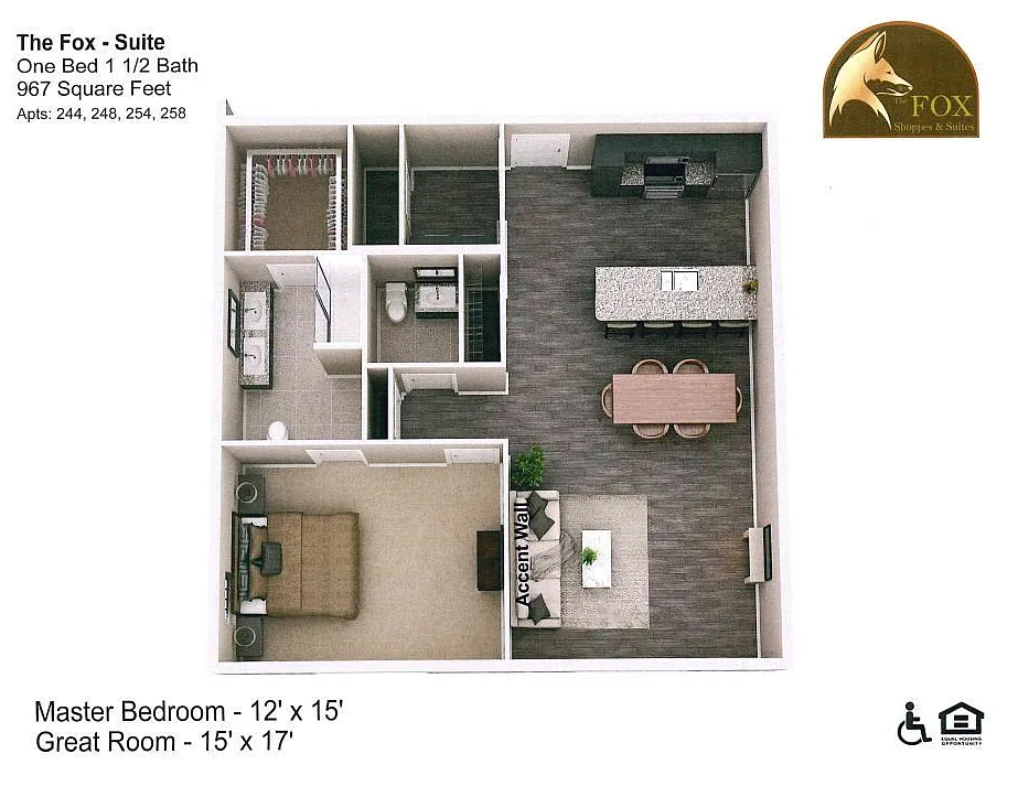 Floor plan Fox - 1 Bed, 1.5 Bath - 967 Square Feet