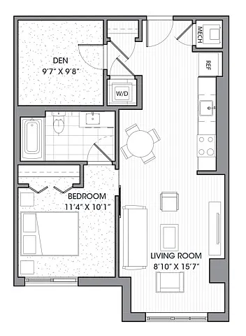 Floor plan One Bedroom One Bath Den (772 SF)