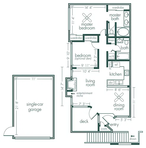 Floor plan Orion - Two Bedroom/Two Bath 998 Sq Ft