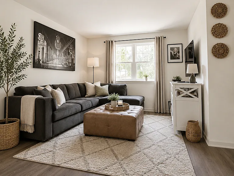 Cozy modern living room with natural light