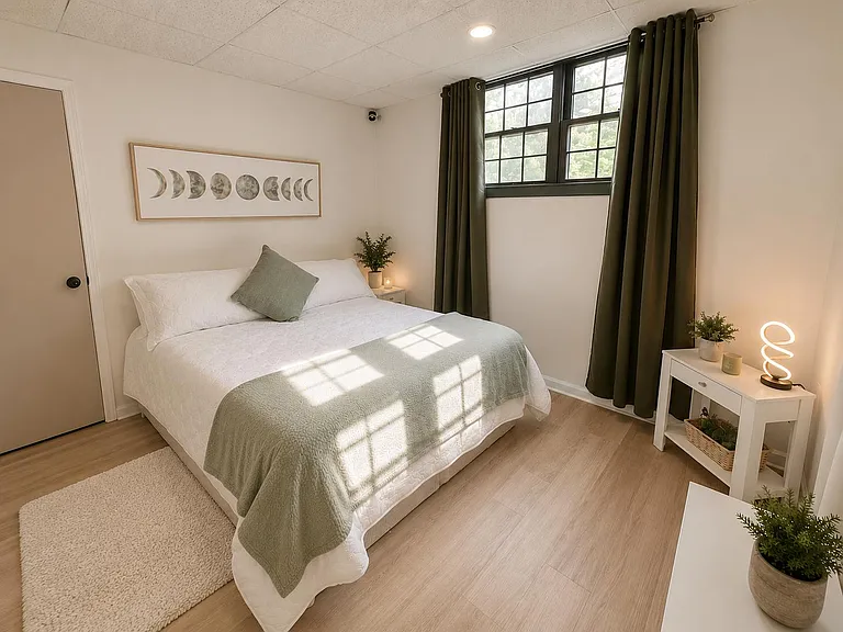 Well-appointed bedroom with a full-size bed, hardwood-style flooring, blackout-style curtains, and a large window for natural