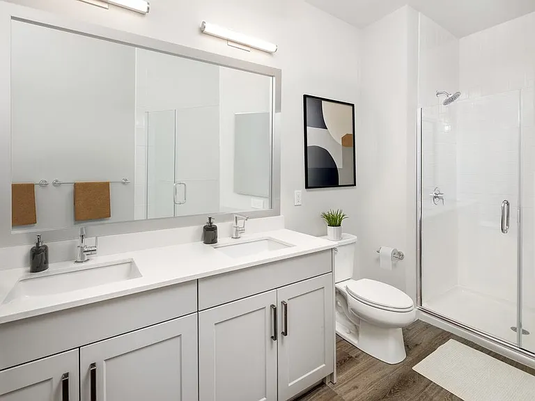 Bath with white quartz countertop, light grey cabinetry, and hard surface flooring