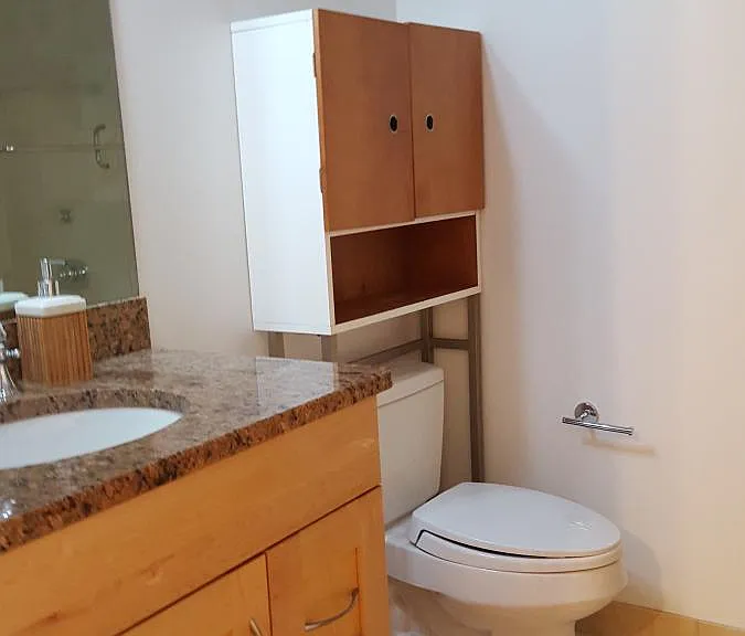 PRIMARY BA with shower, granite and wood vanity, additional shelving (not seen in photo)