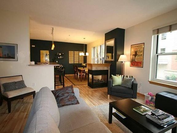Downstairs living area with gas fireplace