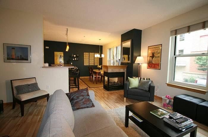 Downstairs living area with gas fireplace
