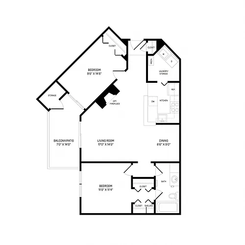 Floor plan 2 Bed/1 Bath-B1