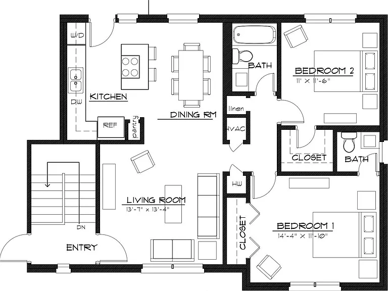 Floor Plan - 1020 Sq Ft, 2 BR, 1.5 BA