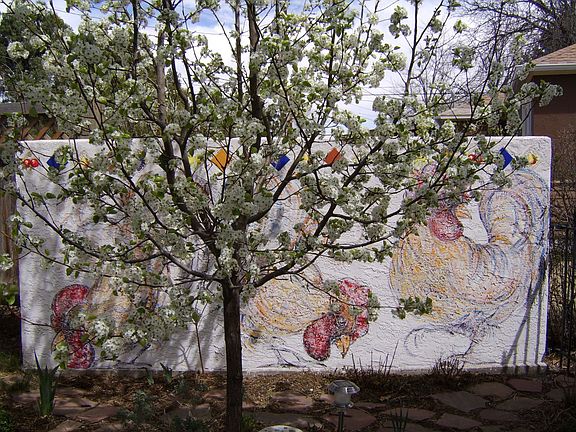 Garden wall with pear tree; many mature fruiting trees & productive grapevines