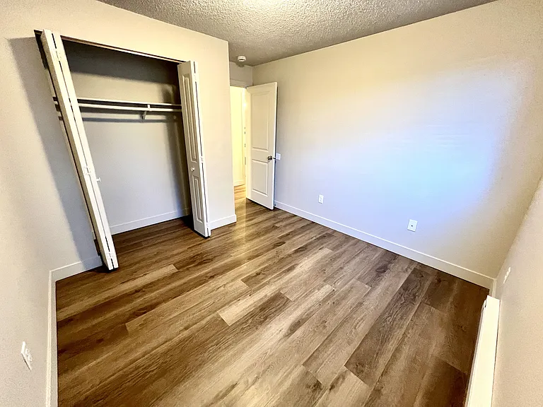 This cozy bedroom features new vinyl plank flooring and a spacious closet