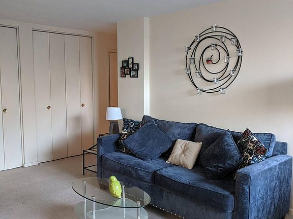 Living room with storage lining entire wall of unit with adjustable Elfa shelving (inside full-apartment width closets)