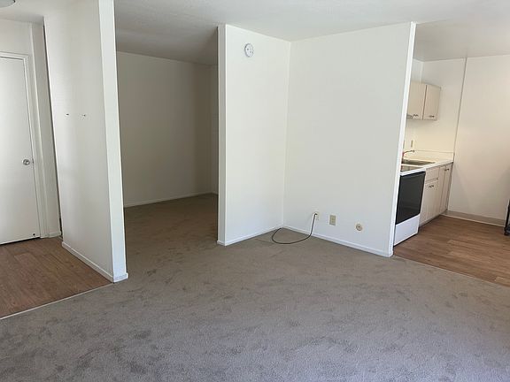 view from living room area, entrance to the left , bedroom area in the center and kitchen area to the right