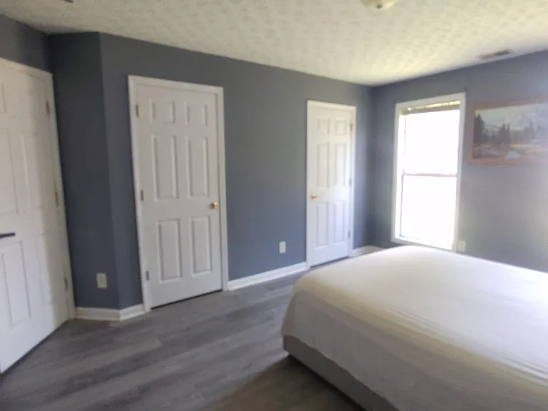 Spacious bedroom with wood-style flooring, neutral walls, and multiple closets for convenient storage near the windows.