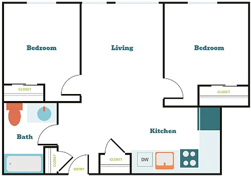 Floor plan 2 Bedroom 1 Bath (2.1)