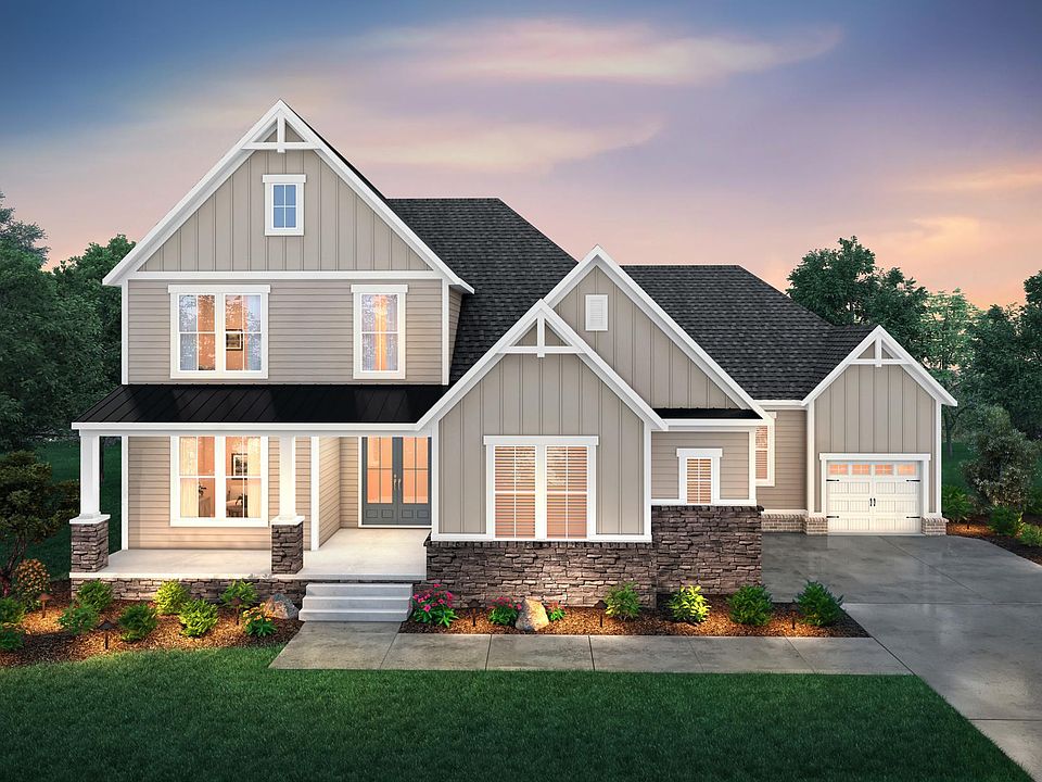 stone, siding, board and batten with front porch