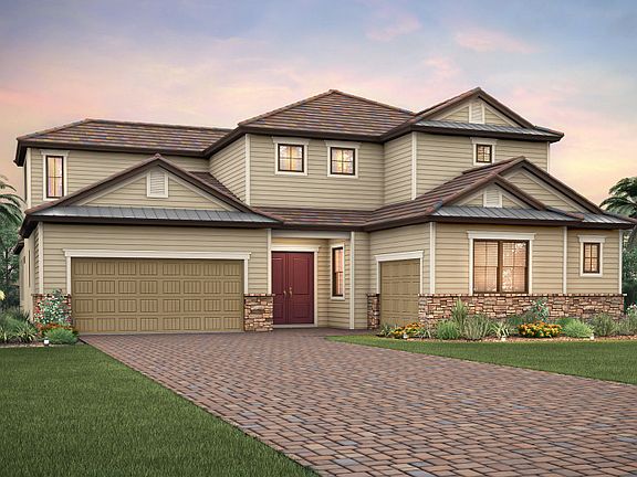 The Garden Vista, a two-story family home with a 3 car garage, shown with Home Exterior LC3A
