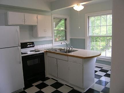Kitchen with two large windows and a back door. Does not have a dishwasher.
