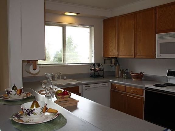 Cozy kitchen light-filled kitchen with breakfast bar.