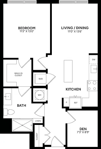 Floor plan 1 Bed/ 1 Bath Den-B02