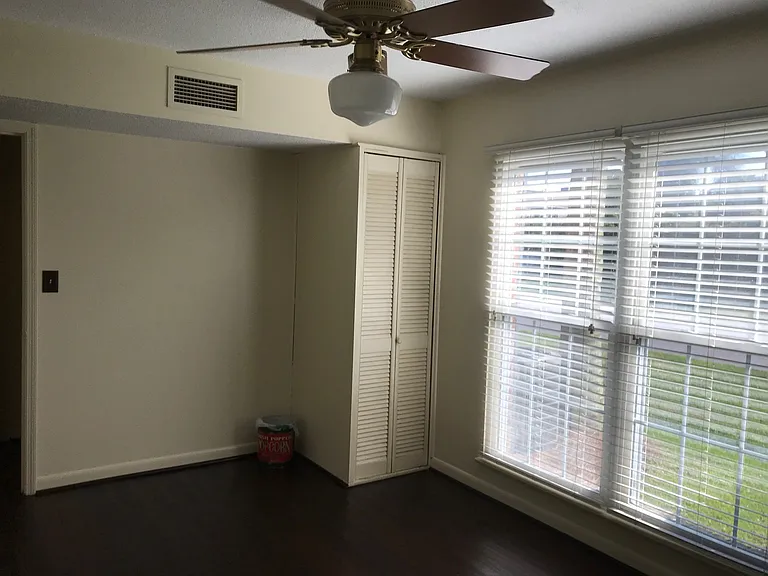 bedroom window and HVAC closet; facing the pool; fan and light have been updated; bedroom closets not shown