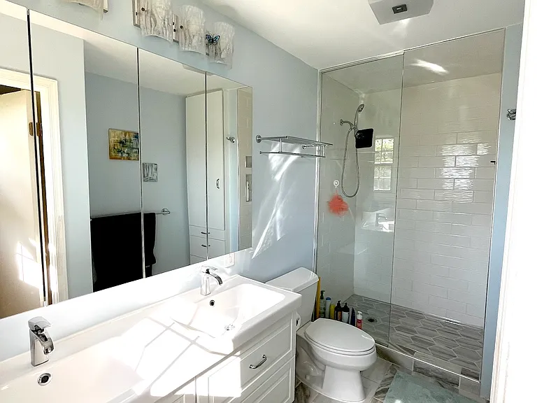Master bathroom, just renovated with walk in shower, generous sinks and under cabinet storage