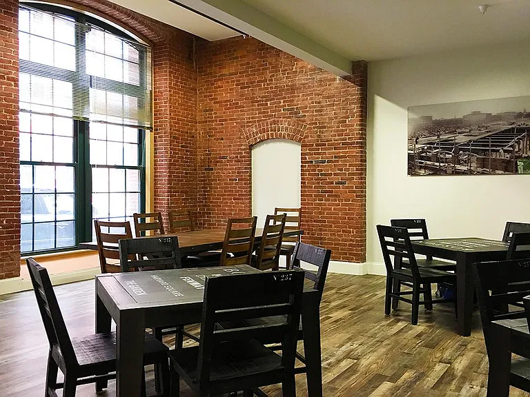 Community Room with full kitchen, fireplace & lounge area