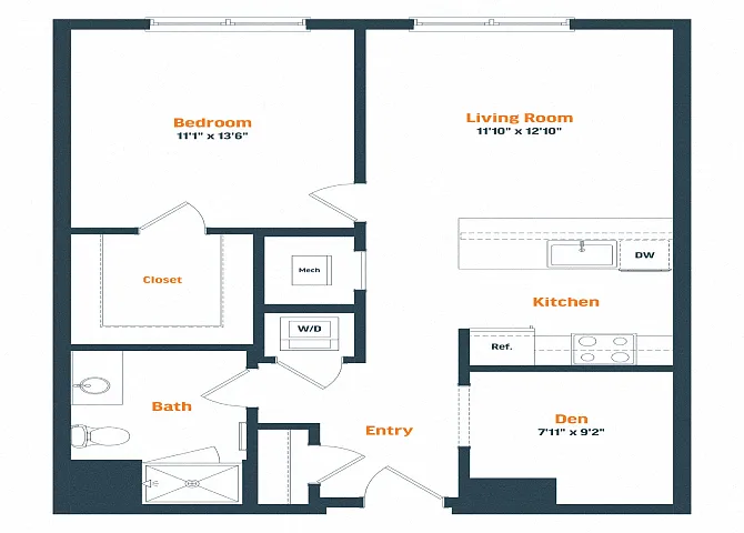 Floor plan A19.2D | 1 Bed | 1 Bath | Den