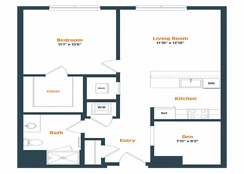 Floor plan A19.2D | 1 Bed | 1 Bath | Den