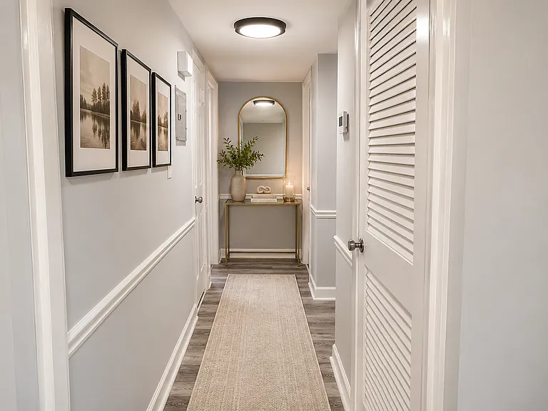 Bright, elegant hallway with a modern remodel