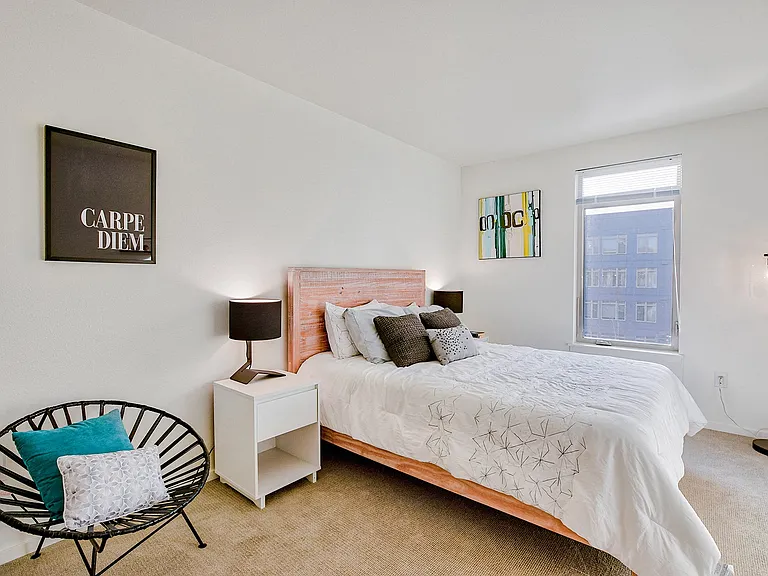 Large carpeted bedroom with natural light