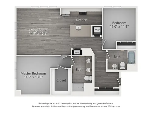 Floor plan Two Bedroom Two Bathroom (1175 SF)