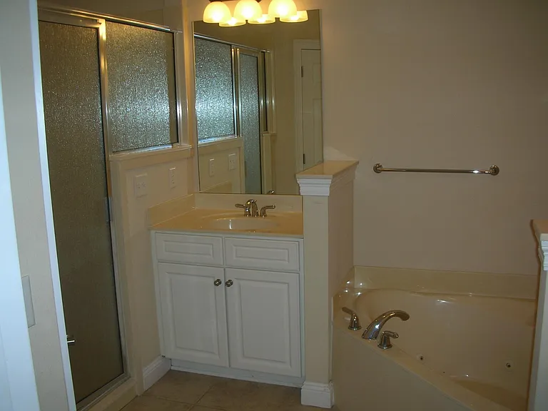 Mater bath left side showing shower, on of the vanities and tub.