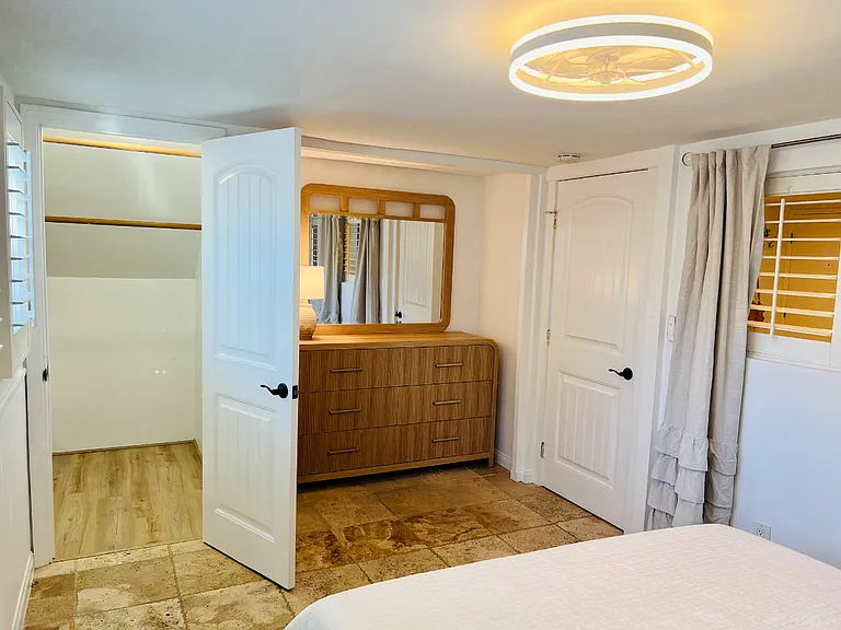 Guest bedroom has great lighting, ceiling fan, walk-in closet and queen bed