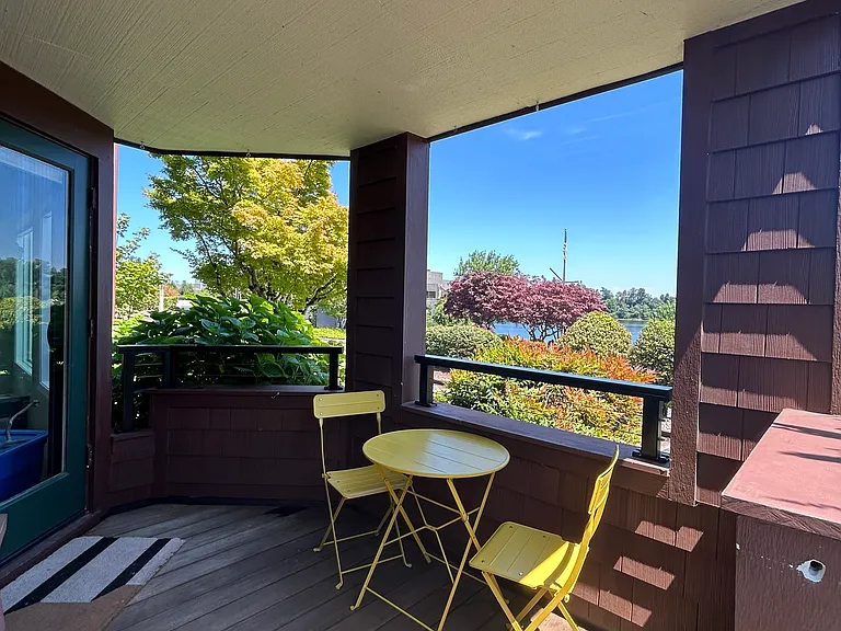 Covered patio with a view of the Willamette River