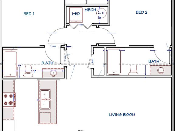 2 Bedroom, 2 Bathroom Floorplan with open Kitchen/Living Room, storage, and in unit washer/dryer.