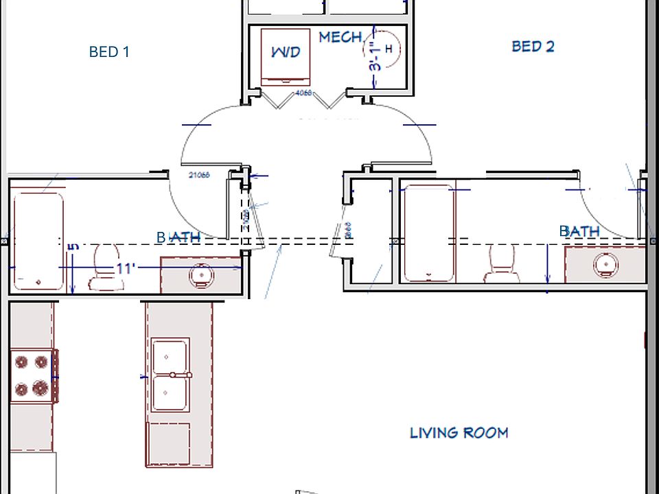 2 Bedroom, 2 Bathroom Floorplan with open Kitchen/Living Room, storage, and in unit washer/dryer.