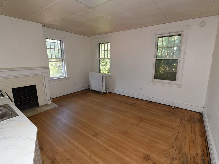 Expansive living and dining area with hardwood floors, three large windows, plenty of natural light, and a decorative fireplace