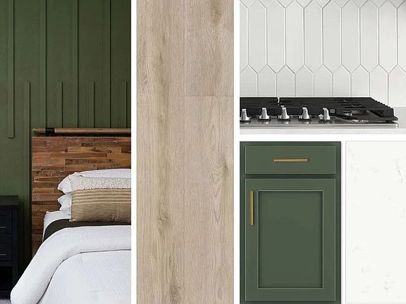 This home features the AW Collection R Rosemary, with rich green cabinetry, dark countertops, and e