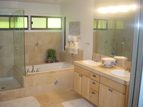 Remodeled Bathroom,Travertine w/Italian Tile insets