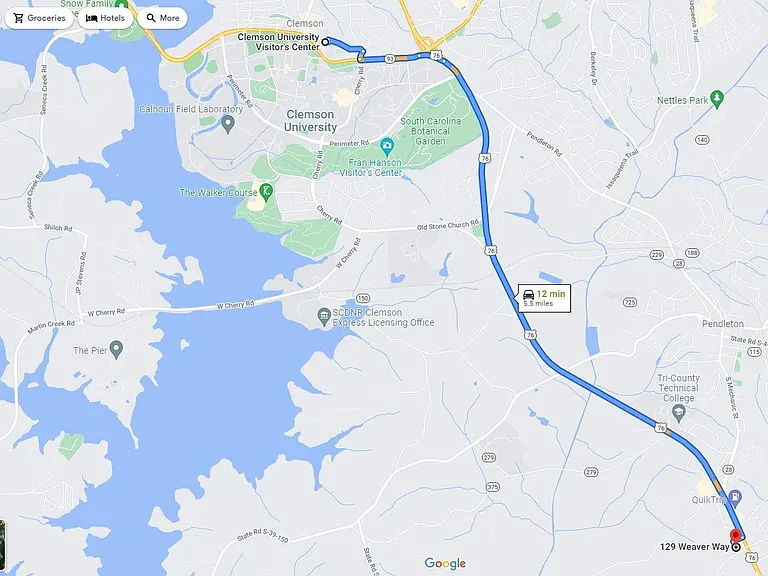 Between Anderson and Clemson with a 12 minute to Clemson University and 24 minutes to downtown Anderson.