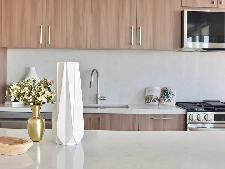 Waterfall Kitchen Island. Quartz Countertops and Backsplashes.