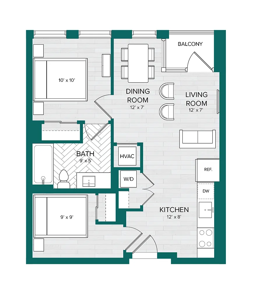 Floor plan 1 Bed 1 Bath Den-D4