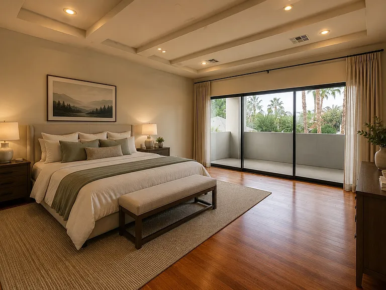 Expansive primary suite with a tray ceiling, private balcony, and serene retreat-like ambiance.