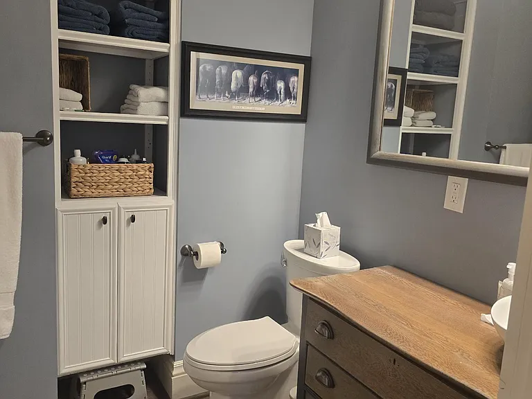 Full guest bath (tub/shower on left); ample storage.