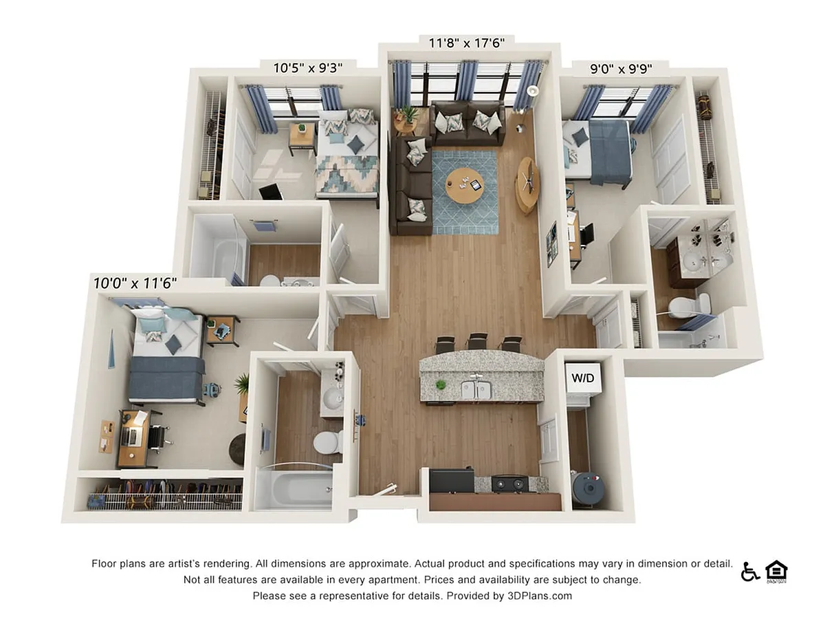 Floor plan 3 Bedroom - 3 Bath (3D)