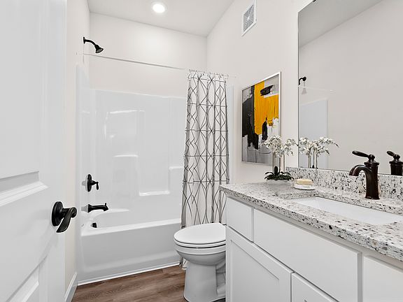 The master bathroom has a large vanity and a tub shower combo.