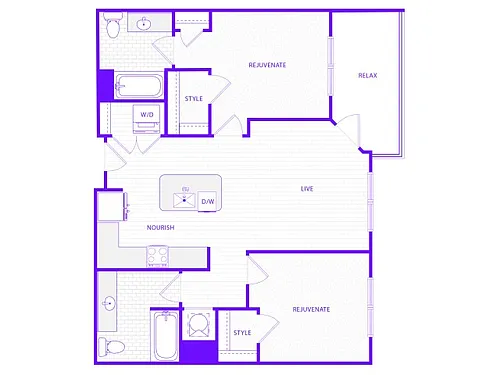Floor plan Two Bedroom Two Bath (1034 SF)