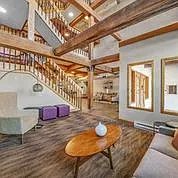 Stunning lobby with exposed wood beams!